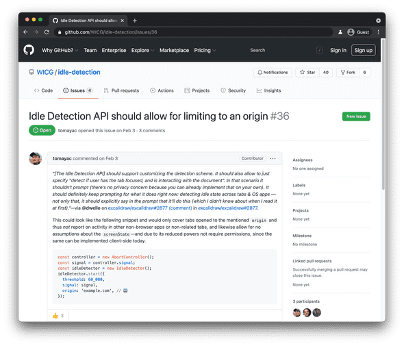 "Idle Detection API should allow for limiting to an origin" issue on GitHub